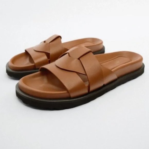 Zara Brown Leather Woven Slide Sandals - Picture 1 of 7